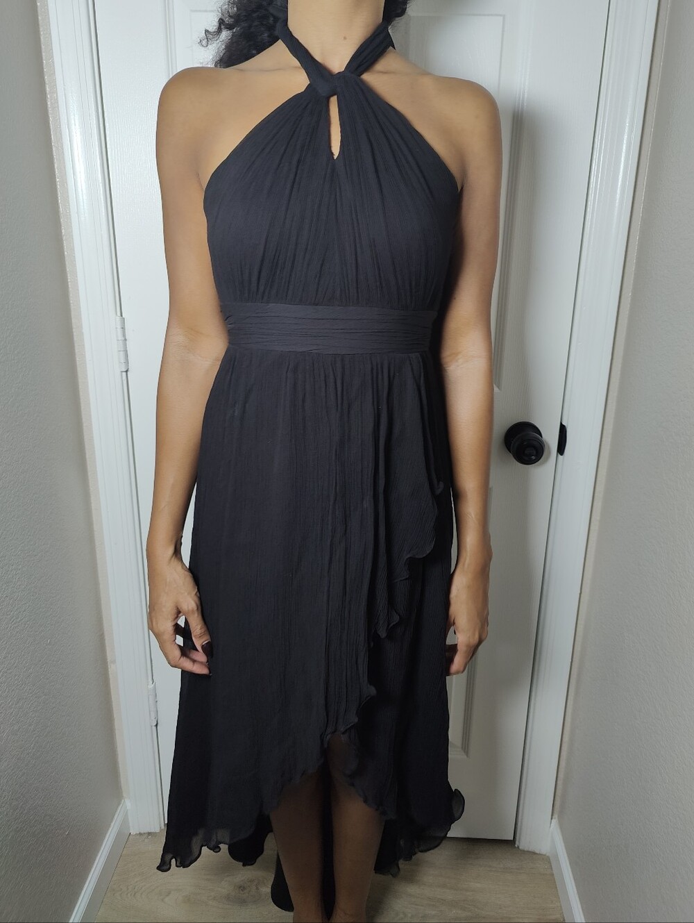 Jenny Yoo 100% Silk Blacn Crinkled Chiffon Halter Neck High Low Dress Size 0